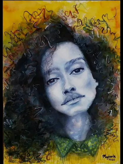 A mixed-media portrait celebrating the beauty of natural hair and individuality. I used watercolor for the face and ink for the chaotic, energetic lines in the hair to create a sense of life and movement.