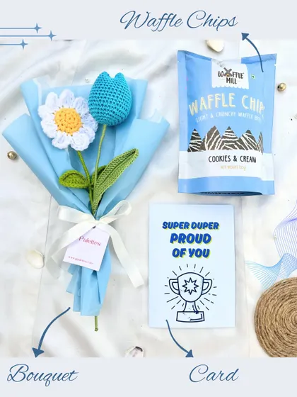 For celebrating a big win, this hamper says "Super Duper Proud of You." It pairs a blue and white crochet bouquet with delicious waffle chips and a congratulatory card.