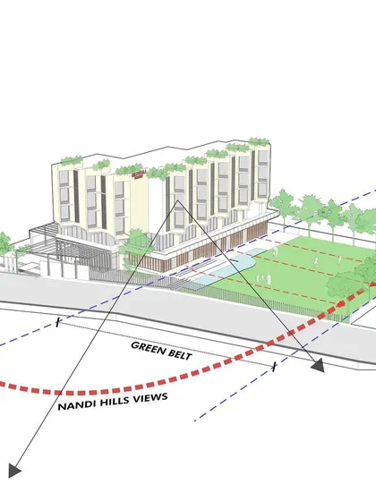 This diagram explains the core concept for the Bellevue Club. We angled the upper floors to maximize views towards the Nandi Hills in the north, while the ground floor spills out onto a large open space.