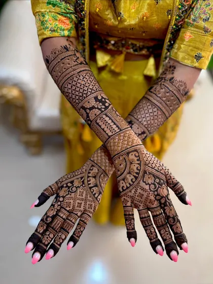 A crossed-arm pose highlighting the intricate bands of patterns, from the delicate jaali work to the bold elephant motifs.