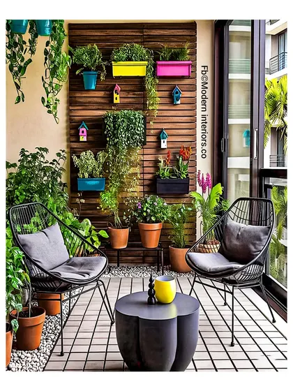 A classic and charming setup for a smaller balcony. Two modern wireframe chairs and a small coffee table are set on a wooden deck, surrounded by colorful planters. It’s a simple, stylish, and comfortable bistro-style nook.