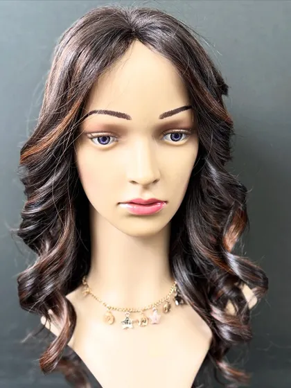 A mannequin shot of the molten honey wig, highlighting the comfortable cap base and beautiful custom color.