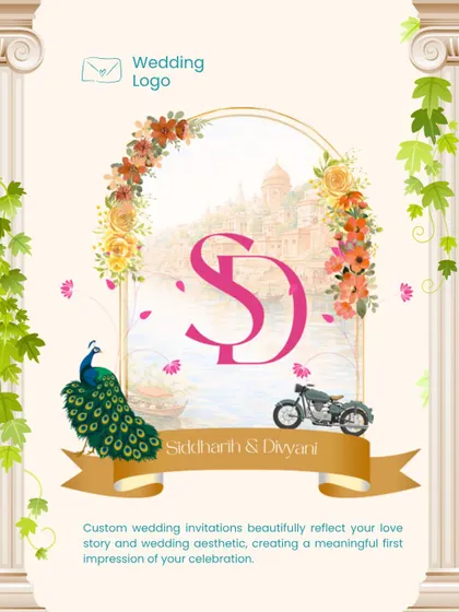 A custom wedding logo or monogram is a beautiful way to brand your celebration. For Siddharth and Divyani, we combined their initials with elements from their story: a peacock, a motorcycle, and a meaningful location.