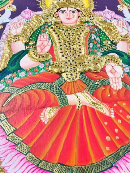 A beautifully completed Tanjore painting of Goddess Lakshmi. Through this process, students not only learn a technique but also connect with a deep cultural and artistic tradition.