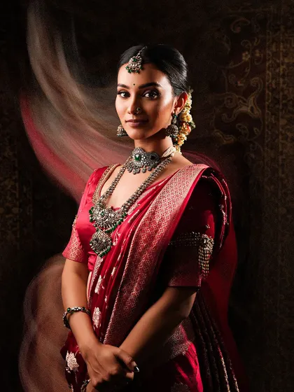 For those who love a more understated and artistic style, I recommend my oxidized silver jewellery. This set, with its intricate patterns and muted finish, pairs wonderfully with silk and handloom sarees for an effortlessly elegant look.