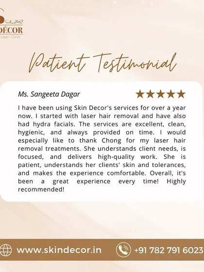 Trust is built over time. Ms. Sangeeta Dagar has been with my clinic for over a year for her laser hair removal journey. Her feedback highlights what I stand for: clean, hygienic, and effective treatments that respect your time and deliver real results.