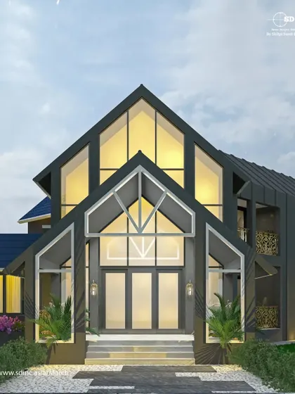The initial 3D visualization for the Sohna farmhouse project. This render was crucial in defining the project's aesthetic, from the dark metal cladding to the expansive glass entrance, before construction began.