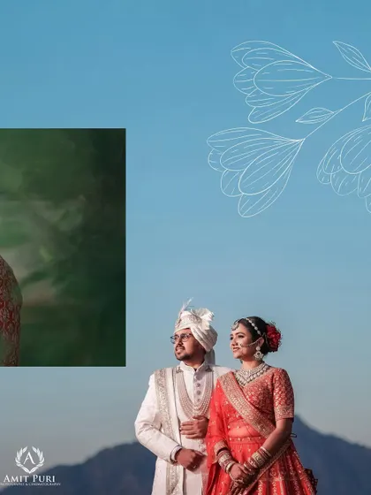 A beautifully composed portrait against the backdrop of a clear blue sky and mountains. This shot highlights the grandeur of the destination and the elegance of the couple.