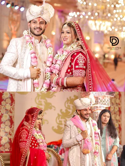 This collage captures two key wedding moments: a posed portrait after the Jaimala and a candid shot during the pheras, telling a story of the ceremony.
