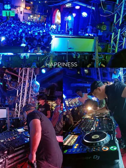 A view from my console during a packed Ganesh festival set for Dharavicha Sukhakarta. The top image shows the massive crowd I'm playing for, and the bottom shows me locked in on my Pioneer DJ setup, mixing the perfect track for the moment. This is happiness.