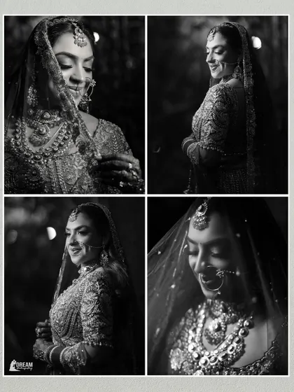 A four-panel collage of bride Hashmeeta's black and white portraits, capturing her joyful and serene expressions.
