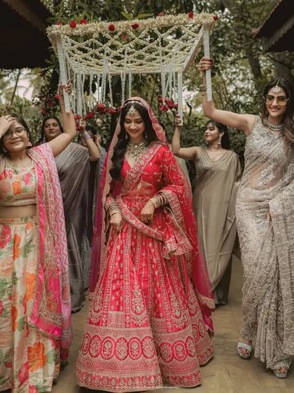 The bride's grand entrance under a beautiful 'phoolon ki chadar' held by her loved ones. This is a classic, emotional moment that I love to photograph.