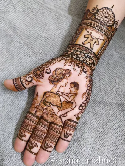 This whimsical design tells the story of a mother's love. One hand features a mother holding her child, while the other shows a baby peacefully sleeping in a cradle, surrounded by delicate floral and leaf patterns.