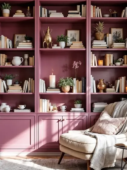 A concept for a full-wall library in a beautiful mauve color. The traditional design with a modern twist creates a sophisticated and inviting space for any book lover.