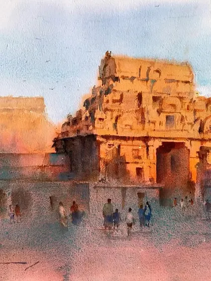 A watercolour study of a temple in Hampi, using new Supervision layer watercolours. The morning light hitting the ancient stone structures was beautiful.