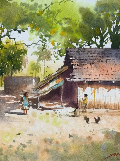 An online class demo of a village scene, showing how to paint figures and animals to add narrative to a landscape.