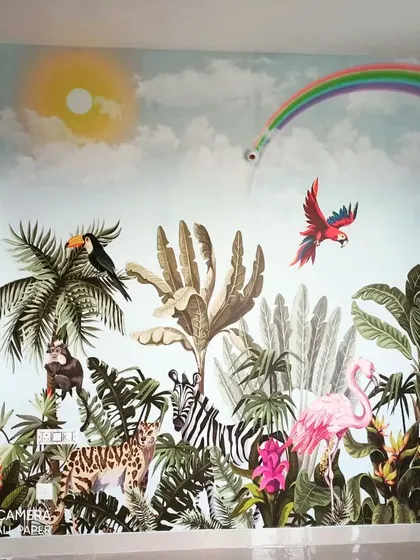 A fun and vibrant jungle theme mural, perfect for a child's room or a playful accent wall. The design is packed with animals and color, sparking imagination and joy.