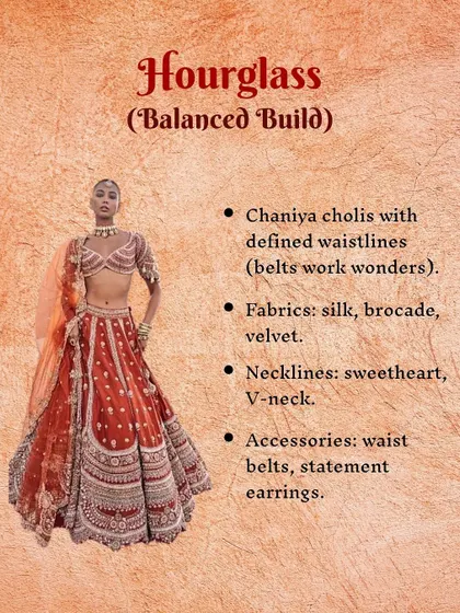 For the hourglass or balanced build, I recommend chaniya cholis with defined waistlines, perhaps enhanced with a belt. This slide from my Navratri guide suggests fabrics like silk and brocade and necklines like sweetheart or V-neck to accentuate your shape.
