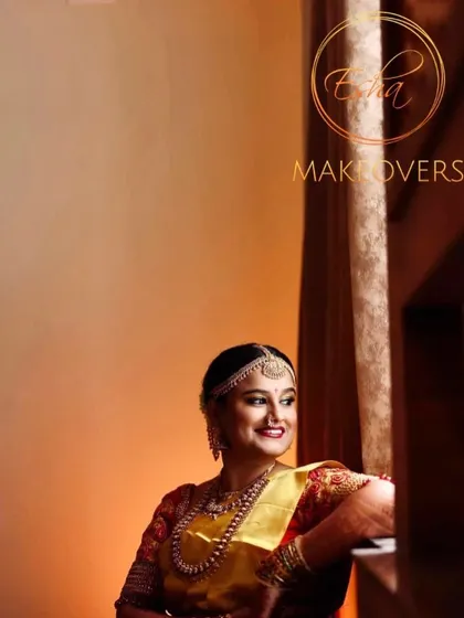 This bride looks absolutely radiant. The warm, golden hour lighting beautifully complements her makeup and the rich yellow of her traditional silk saree.