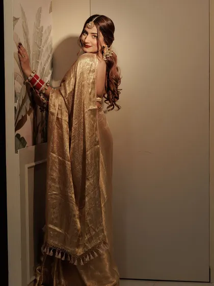 A full look at my golden saree. I believe in celebrating our traditions with style.