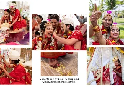 A collage of key rituals from a vibrant South Indian wedding, showcasing the joy, traditions, and togetherness of the ceremony.