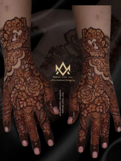 A darker, edited version of the romantic floral mehendi, showing how the design will look as the stain matures.