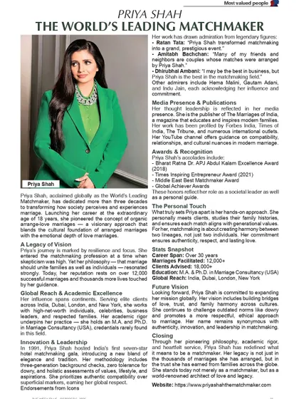 I am honored to be featured as 'The World's Leading Matchmaker'. This recognition is a testament to the thousands of successful marriages and the trust families have placed in me to guide them on their most important journey. My work is about creating lasting love stories.