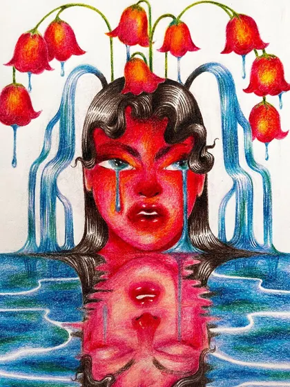 A colored pencil drawing from my sketchbook, exploring the idea of emotional ecosystems. This piece, with its fountain-like tears and reflective water, shows the introspective and often surreal starting point for many of my larger projects, all created by hand.