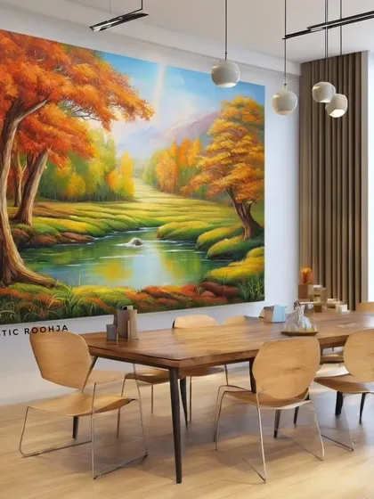 This large-scale landscape mural creates a breathtaking feature wall, making the room feel larger and more connected to nature.