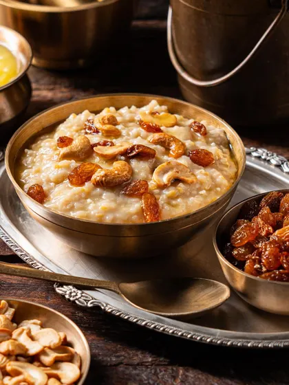 Another angle of a traditional Indian sweet porridge, focusing on the texture and rich ingredients.