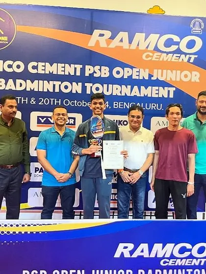 Shivaraj K. on the podium at the Ramco Cement PSB Open Junior Badminton Tournament. Another win for a dedicated RBA player.