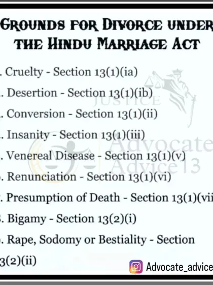 This infographic lists the legal grounds for seeking a divorce under the Hindu Marriage Act. It covers everything from cruelty and desertion to more specific grounds like conversion and bigamy.
