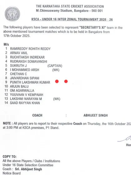The official KSCA document listing Punith Lakshman Kumar for the Secretary's XI team in the U-16 Inter-Zonal tournament. We guide our players through the entire selection process.