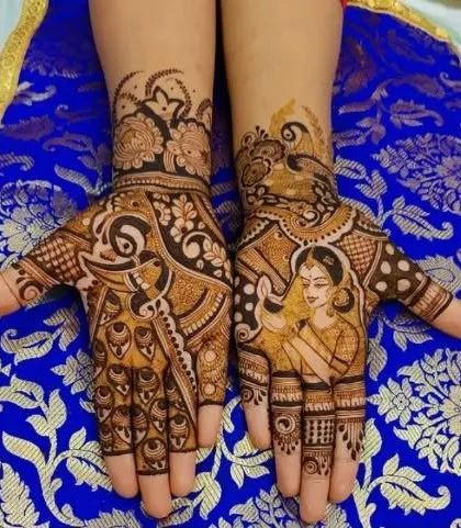 A portrait of a bride on the palm, capturing a moment of quiet beauty. Even a single figure can tell a powerful story in your mehndi design.
