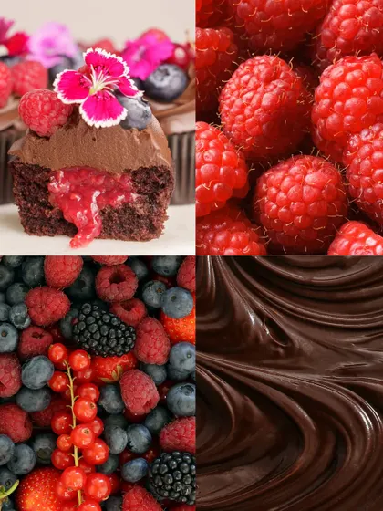 A collage showing the key components of my Dark Chocolate Berry Cupcakes: the finished cupcake, fresh raspberries, a mix of summer berries, and luscious dark chocolate.