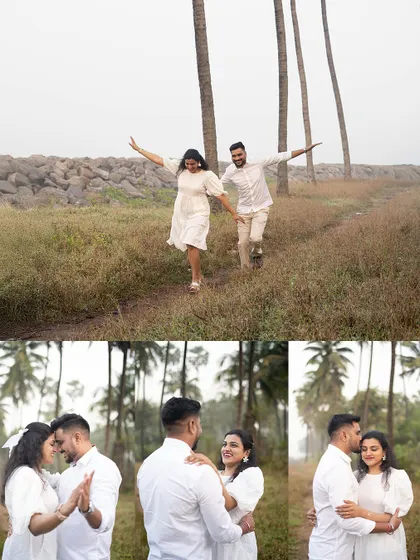 A collage of a couple's pre-wedding shoot, showing them dancing, embracing, and running playfully through a field of palm trees.