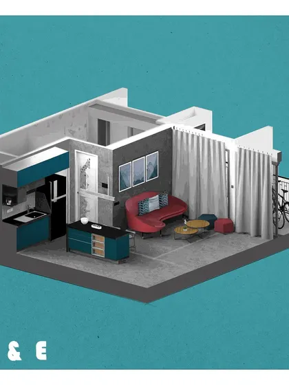 An isometric view from the design phase, illustrating the planned layout and flow of the open-concept living and kitchen area.