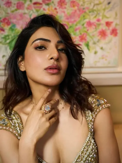 Samantha Ruth Prabhu, reigning in gold, wears my handcrafted micromosaic ring with no heat Mozambique rubies and natural diamonds. The piece is paired with delicate 18k gold stack chains.