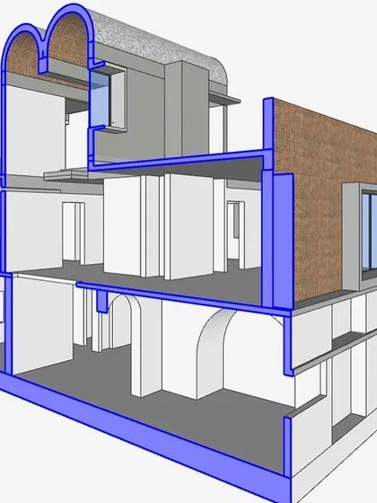 A sectional 3D model of the Brick Vault House, highlighting the structural shell in blue. This type of drawing is essential for understanding the building's construction and the relationship between the old and new parts.