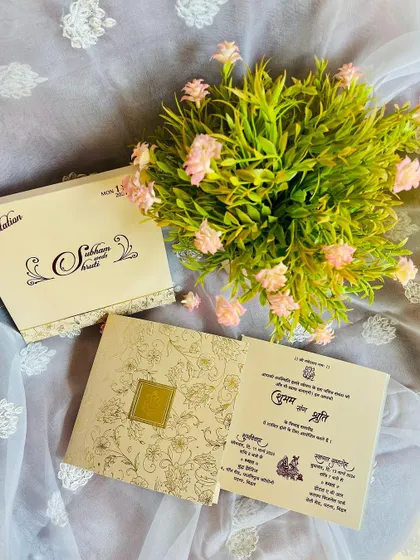 Another view of our bilingual invitation set, showing the beautiful coordination between the Hindi and English inserts.