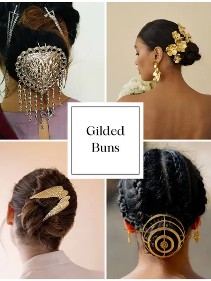 Gilded buns are a chic and elegant option for any wedding event. Using ornate, metallic hair accessories can elevate a simple bun into a work of art.