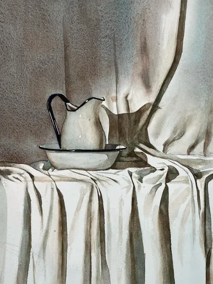 A close-up of the monochrome still life, highlighting the details in the drapery.