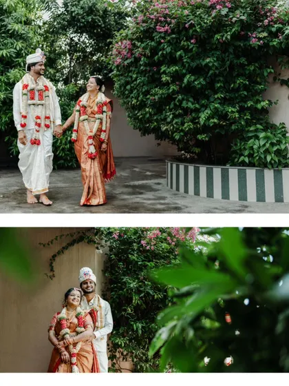 A collage of a newly married couple in a garden, capturing both a formal walking pose and an intimate embrace.