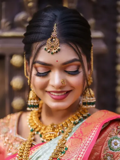 A soft, smiling portrait of a bride with her eyes closed, highlighting the delicate eyeshadow work and lash details.