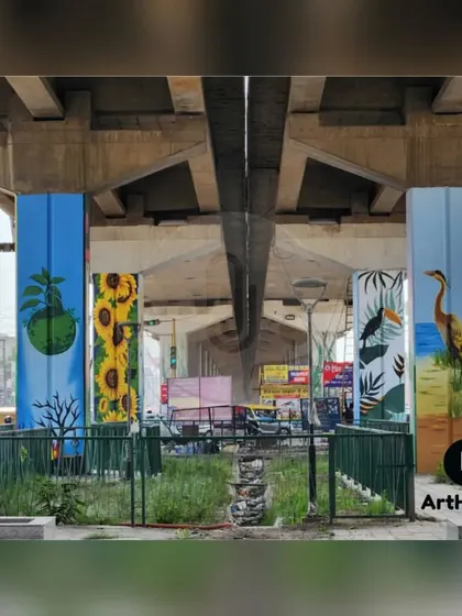 A completed section of the pillar project, showcasing four different nature-themed murals side-by-side. This project brought a gallery of art to the streets of Chandigarh.