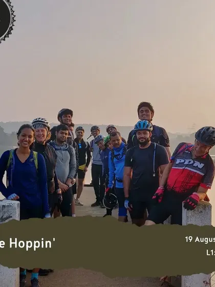 Our 'Lake Hoppin'' ride is a community favorite, bringing together a group of smiling riders at a scenic spot.