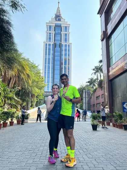 Couple goals. Two of our runners celebrating their finish at the TCS 10k in Bengaluru. Couples who run together, slay together.