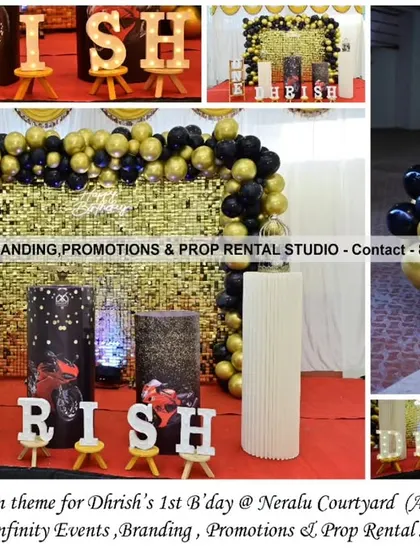 This simple gold sequin theme was customized for a bike-themed first birthday bash at Neralu Courtyard. The stunning gold sequin wall with a black and gold balloon garland and themed cylinder tables created a chic and edgy vibe.