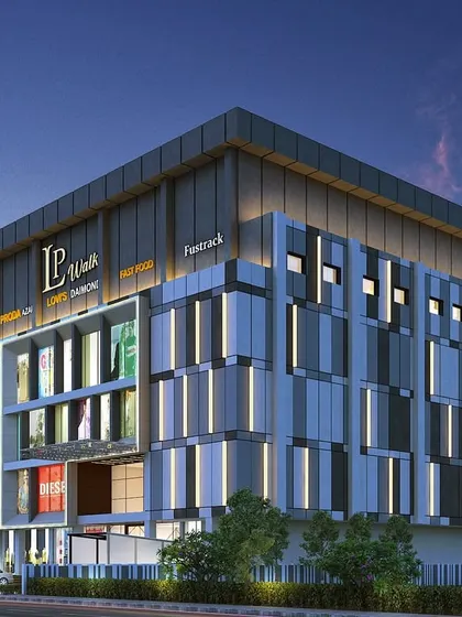 An alternate render of the LP Walk Mall in Nagaon, Assam, with a different facade lighting concept.