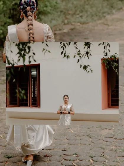 An artistic, picture-in-picture composition showing a bride in her white saree. This creative editing style adds a unique and memorable touch to the wedding album.